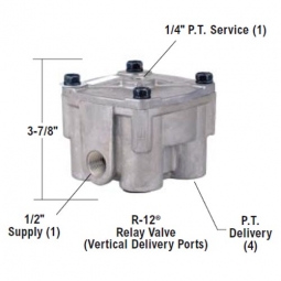 Bendix 065104 R-12 Relay Valve, Vertical Delivery Ports, 4 PSI Crack Pressure, 3/8" NPT Del Ports